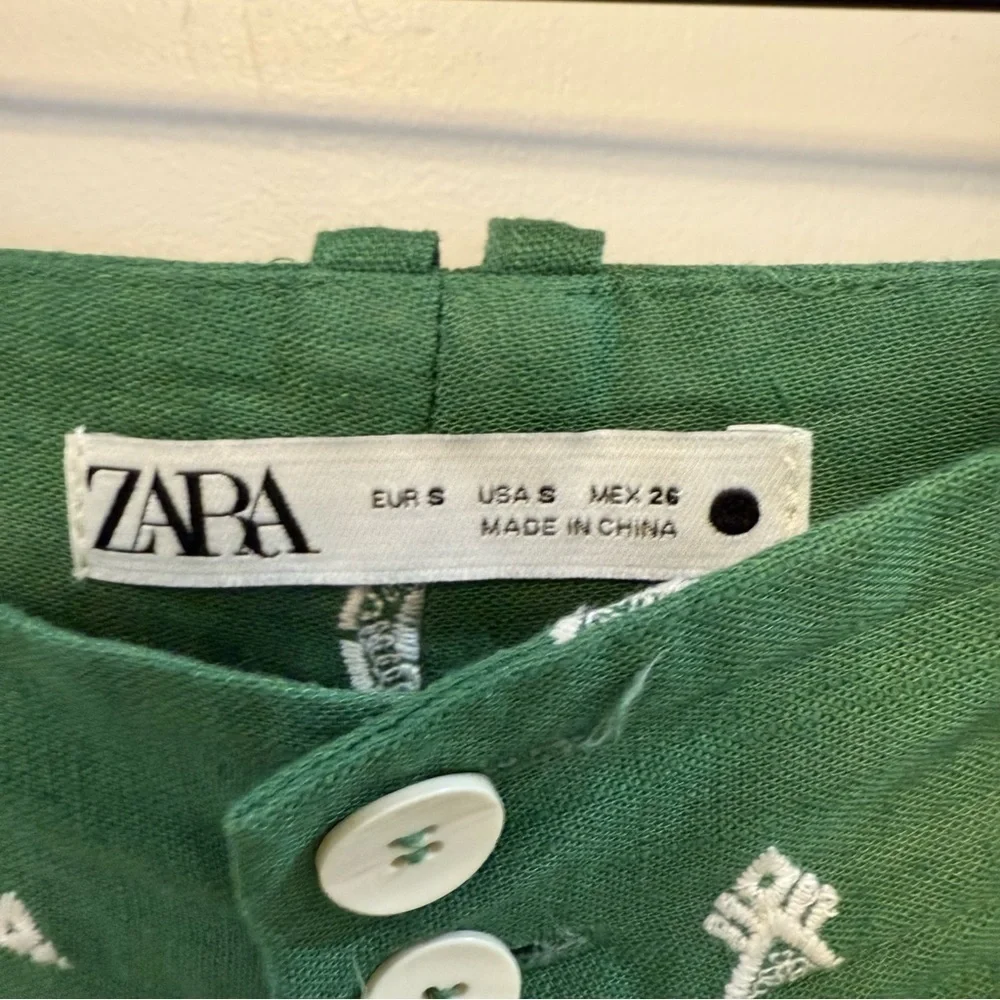 ZARA Linen embroidered green wide leg cropped Coolots